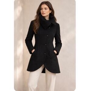 Mackage Black Wool Blend Funnel Neck Peacoat Minimalist Quiet Luxury Medium